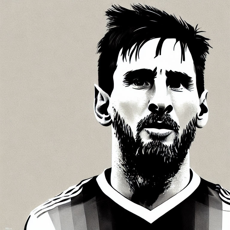 Bearded man in striped sports jersey illustration in grayscale