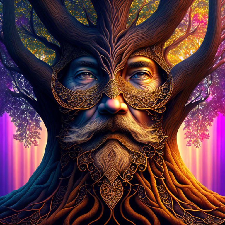 Colorful figure with tree-like face and ornate mask under starry sky