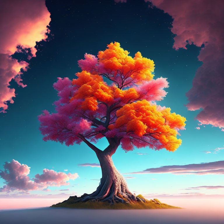 Colorful gradient tree on hill under surreal sky