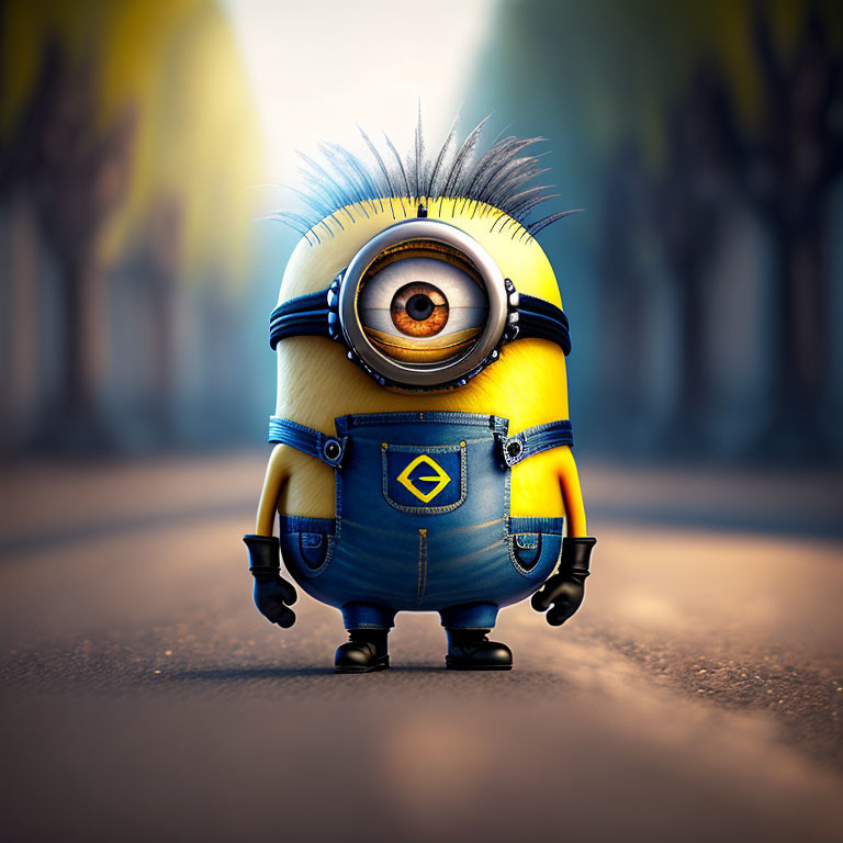 One-eyed Minion in blue overalls on deserted road with trees