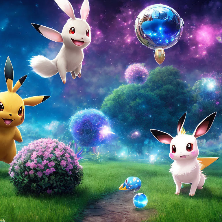 Colorful Pokémon in fantasy landscape with Pikachu and Eevee evolutions