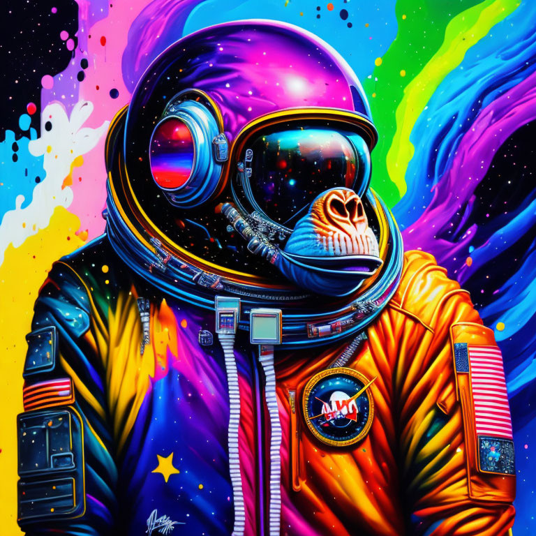 Colorful Astronaut in Vibrant Spacesuit Against Cosmic Background