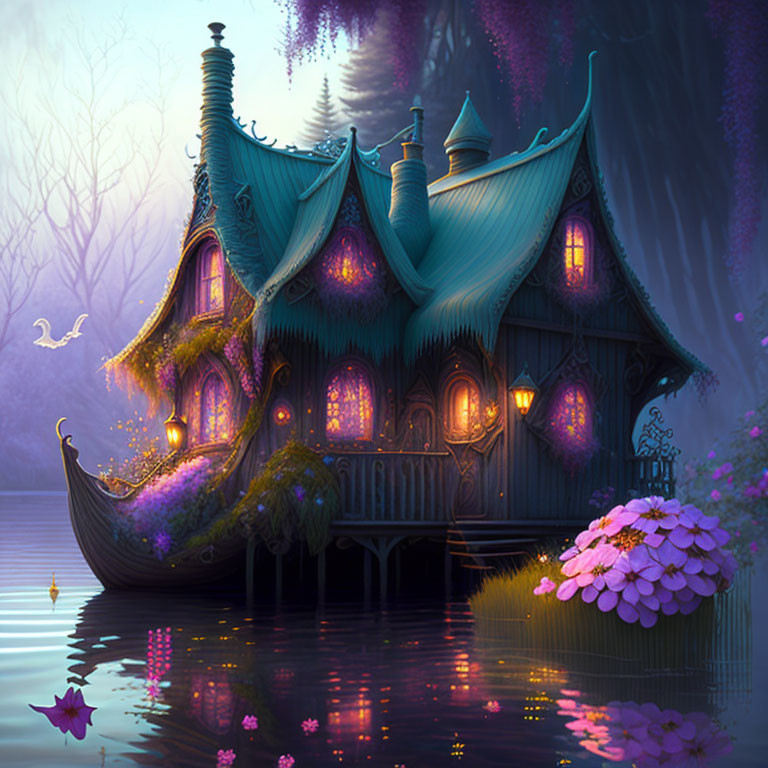 Whimsical house with pointed roofs in purple foliage by tranquil lake