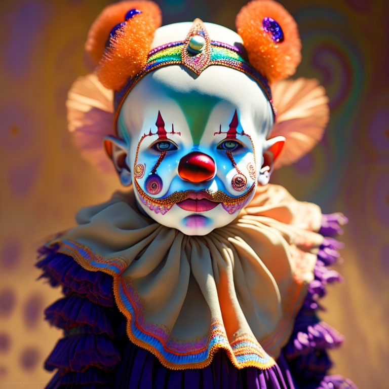 Intricate face paint on surreal clown in decorative costume