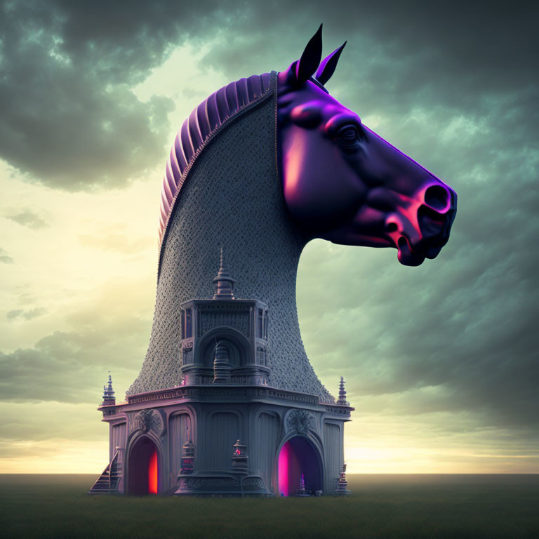 Large Horse Head Structure with Architectural Elements and Arched Doorways at Twilight