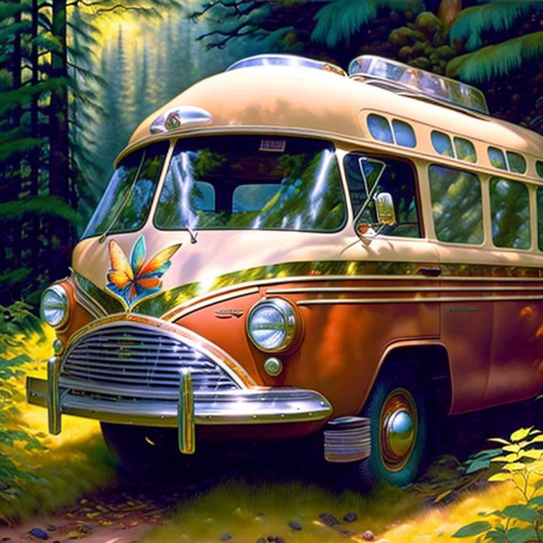 Vintage Bus with Butterfly Illustration in Forest Clearing Under Sunlight