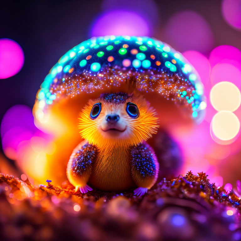 Whimsical hedgehog-like creature with glowing mushroom cap in colorful lights