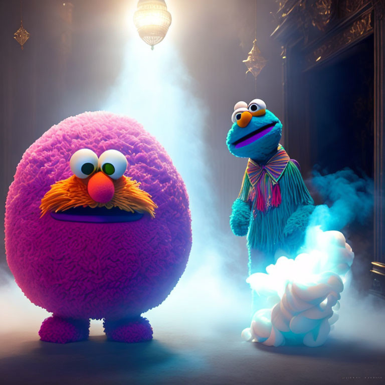 Purple Fluffy Character and Blue Creature in Foggy Street Scene