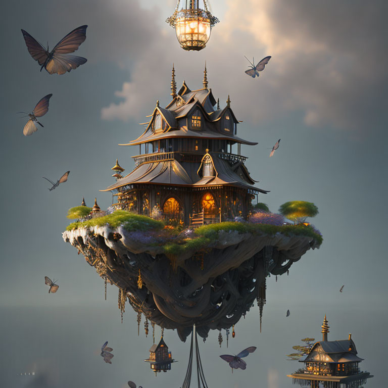 Asian-inspired pagoda structures on floating island with fluttering butterflies