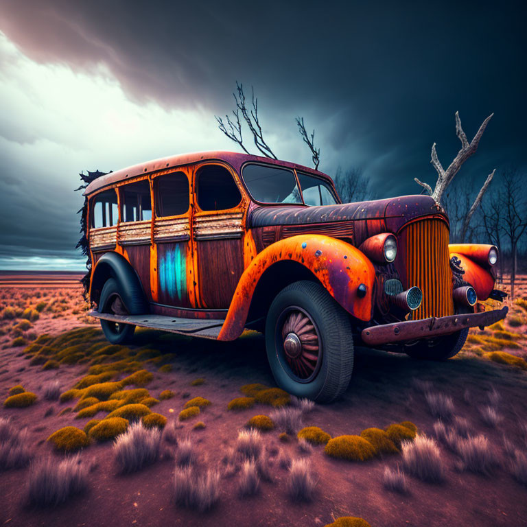 Abandoned vintage car in moss-covered, desolate landscape