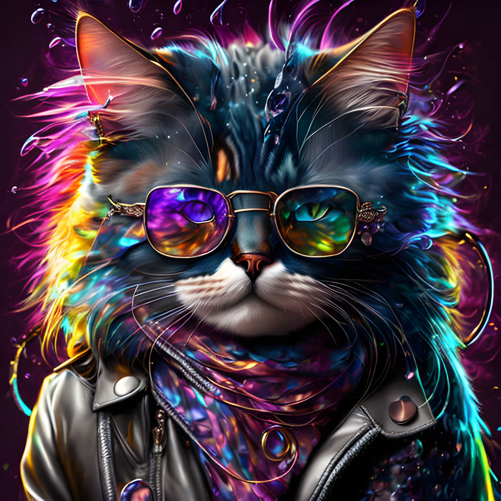 Colorful Cat in Sunglasses and Leather Jacket with Paint Splashes