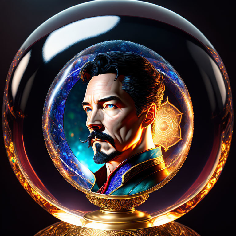 Mystical man with goatee in crystal ball on dark backdrop