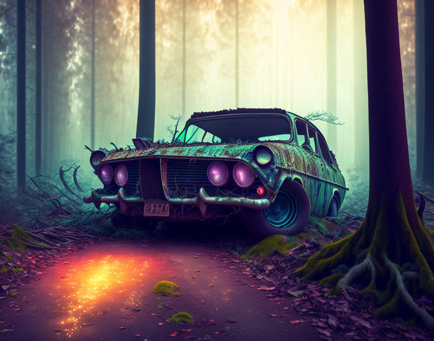 Abandoned car with glowing headlights and underglow in misty forest