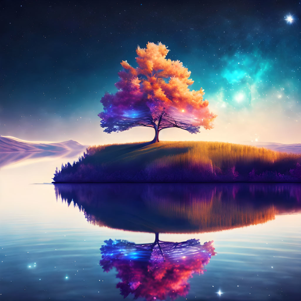 Landscape with lone tree on hill, reflecting in tranquil water, under starry twilight sky.