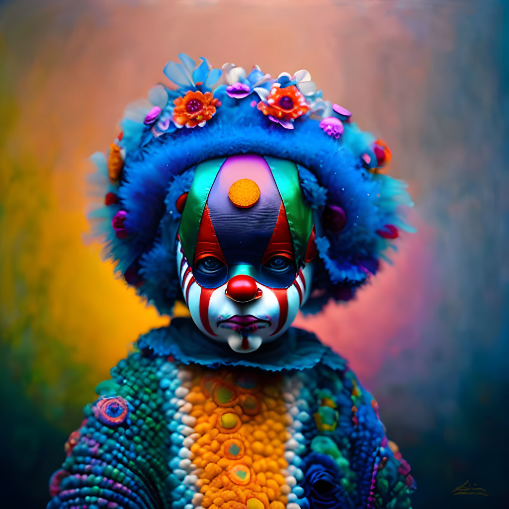 Colorful portrait of a person in elaborate clown makeup and costume with blue hat and flowers on a vibrant