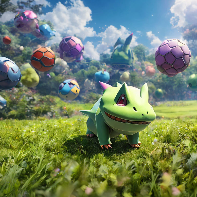 Colorful Bulbasaur surrounded by Poké Balls in sunny meadow