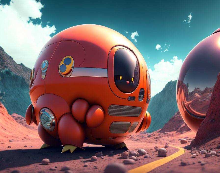 Whimsical orange robot on alien planet with reflective sphere