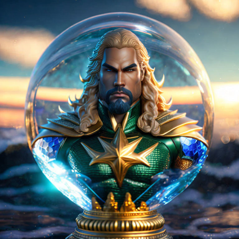 Superhero bust with beard and long hair in clear globe against sunset ocean.