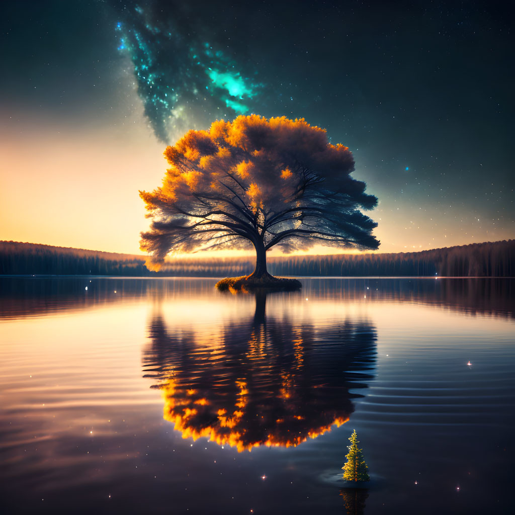 Autumn tree reflected in tranquil lake under starry night sky.