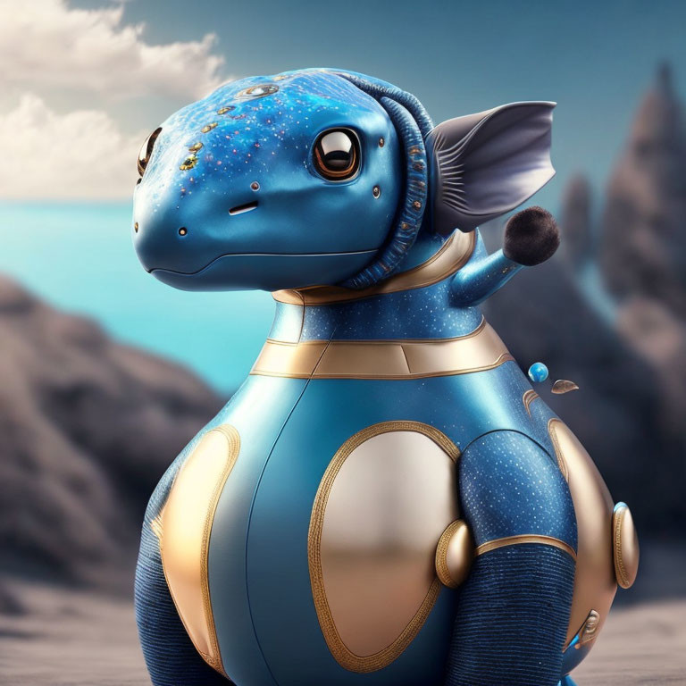 Blue whimsical creature with golden armor accents in dreamy landscape