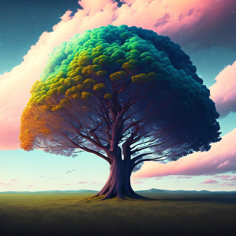 Surreal large tree with gradient canopy under twilight sky