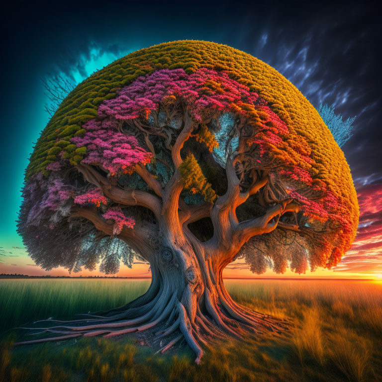 Colorful tree with round canopy at sunset