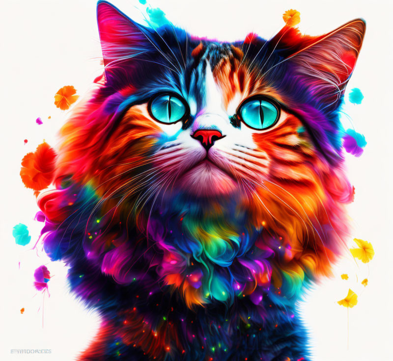 Colorful digital artwork of cat with blue eyes and flowing fur on white background