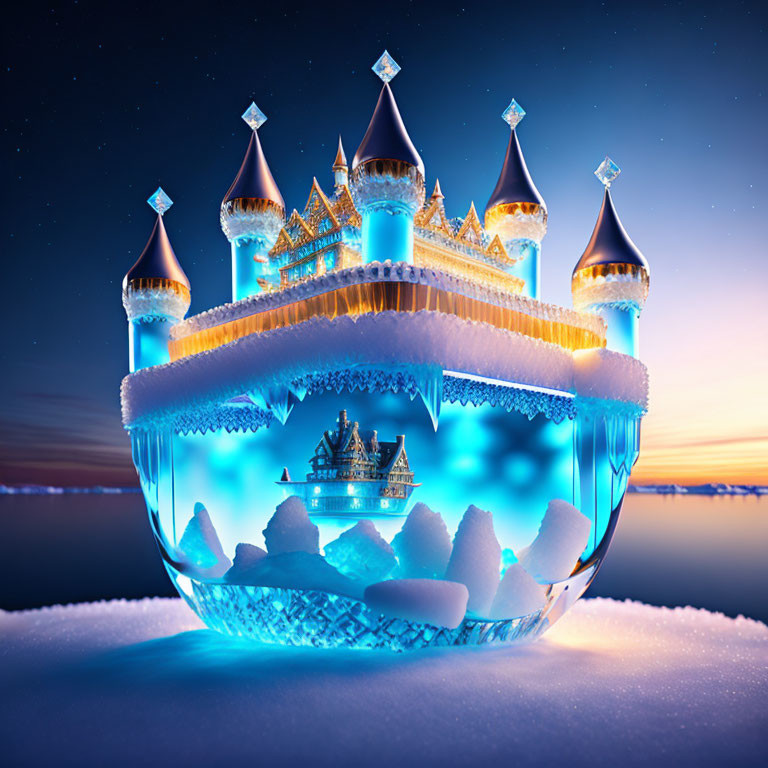 Enchanting ice palace with glowing lights and spires above snowy landscape