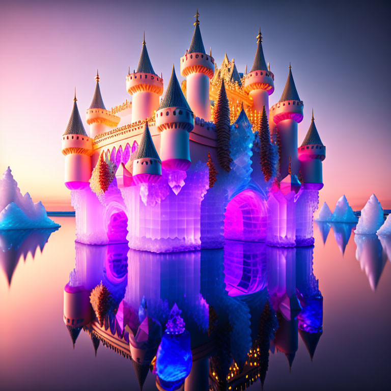 Fantastical crystal castle with spires and turrets against sunset sky