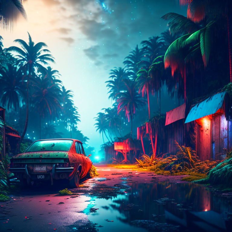 Abandoned car among palm trees on neon-lit street at twilight