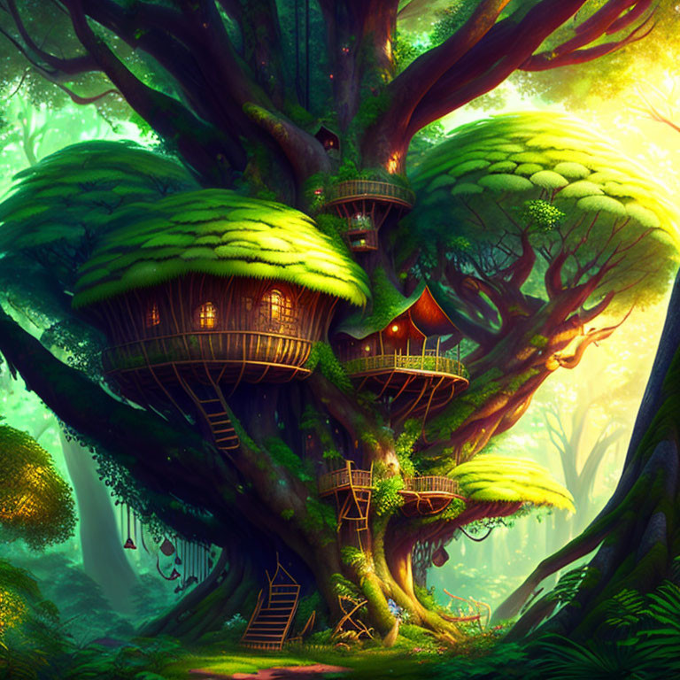 Mystical treehouses in lush forest setting