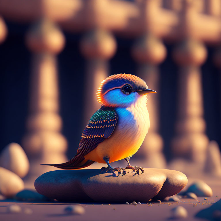 Colorful Bird Perched on Rock in Stylized Digital Art