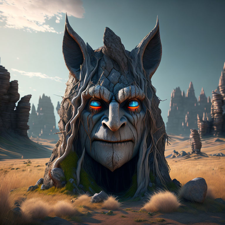 Fantastical creature with tree-like face and glowing blue eyes in desert landscape