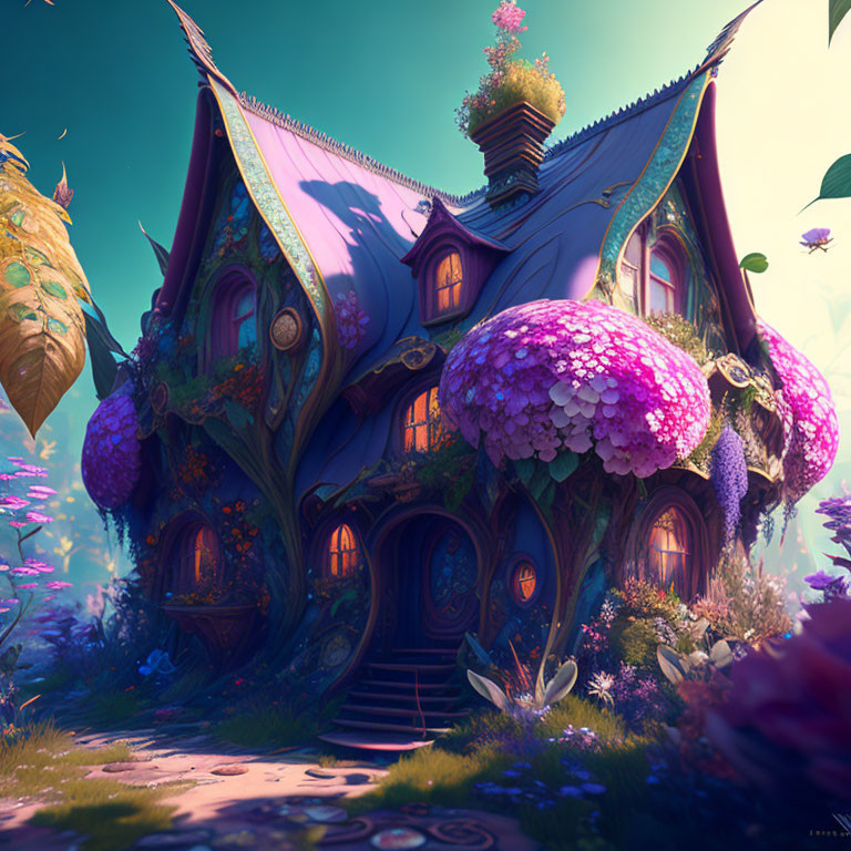 Purple Pointed-Roof House Surrounded by Flora and Mushrooms