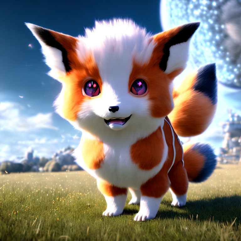 Stylized animated fox with red eyes in sunny meadow