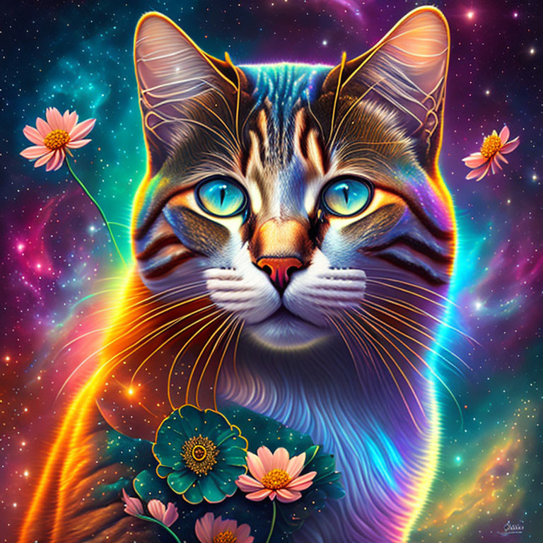 Colorful Cat Face Artwork with Captivating Blue Eyes on Cosmic Background