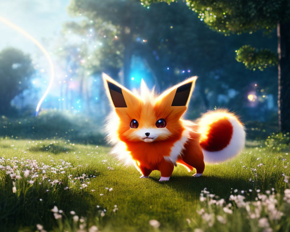 Fluffy orange fox-like creature in sunlit forest