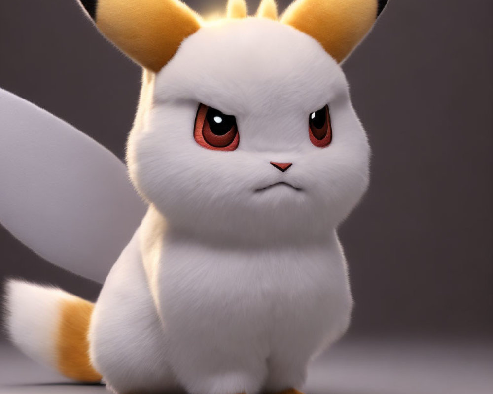 Angry Pikachu 3D Rendering with Pointy Ears and Red Eyes on Gray Gradient