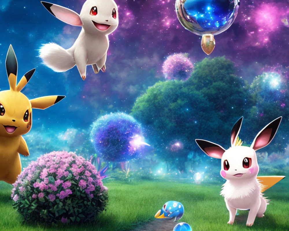 Colorful Pokémon in fantasy landscape with Pikachu and Eevee evolutions