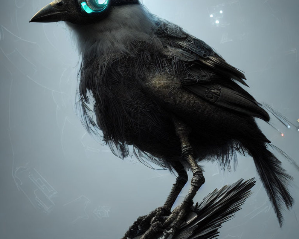 Robotic crow with glowing blue eye on abstract techno background