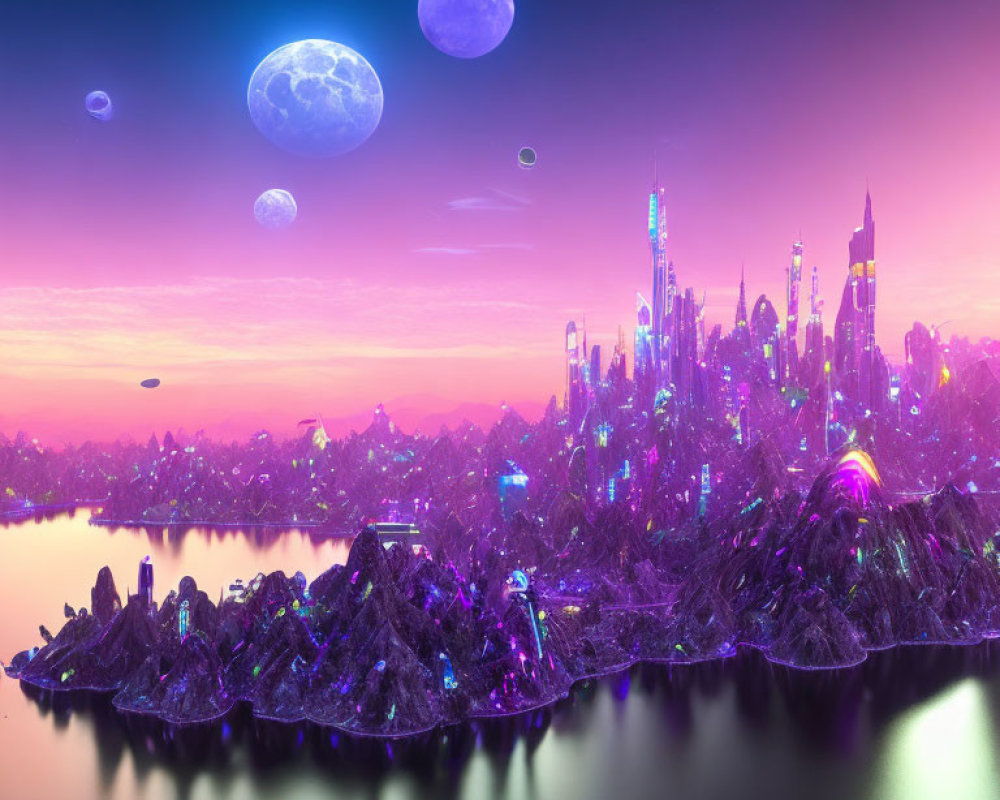 Futuristic cityscape with neon lights in twilight sky