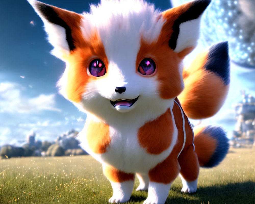 Stylized animated fox with red eyes in sunny meadow