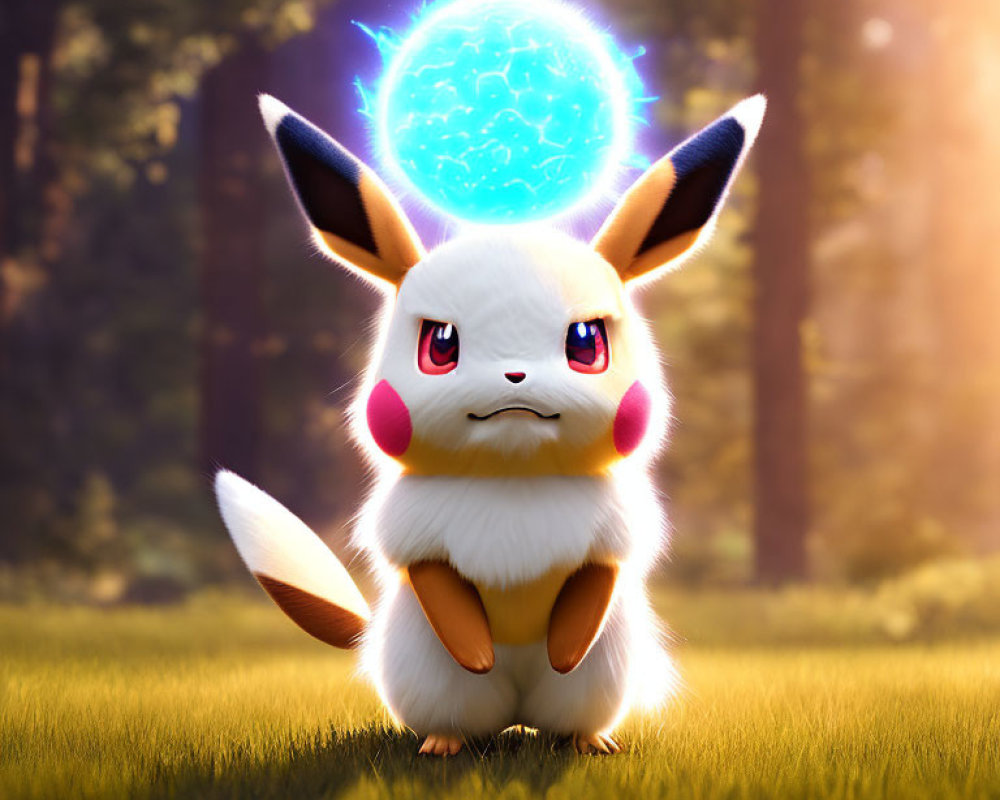 Eevee Evolution Flareon with Glowing Blue Orb in Forest Scene