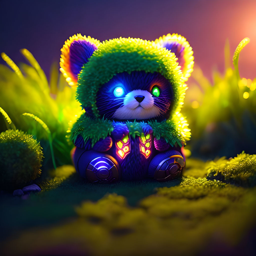 Colorful Robotic Teddy Bear in Illuminated Grass Under Dim Light