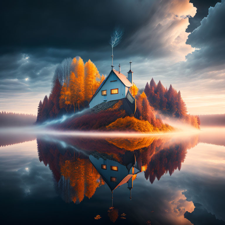 Isolated house by autumn trees at still lake under dramatic sky