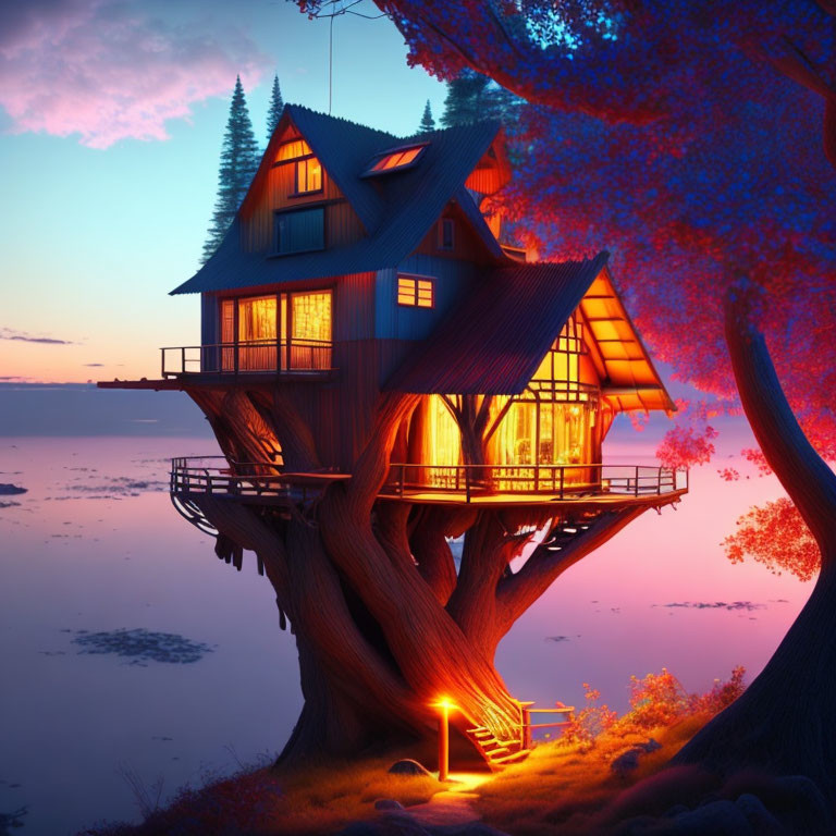 Serene lake sunset: Cozy treehouse, vibrant skies