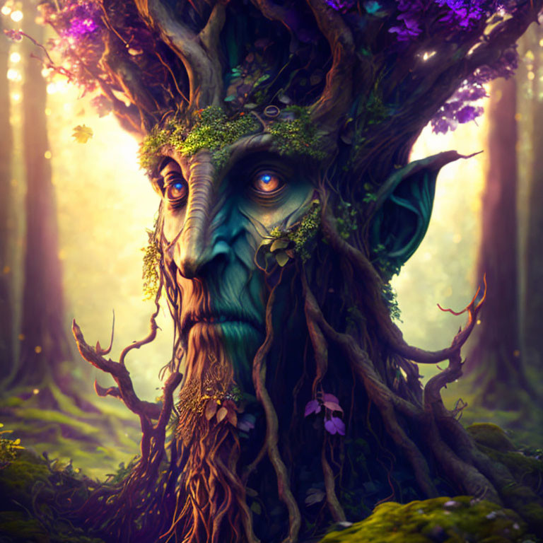 Mystical tree spirit with human-like face in vibrant forest landscape