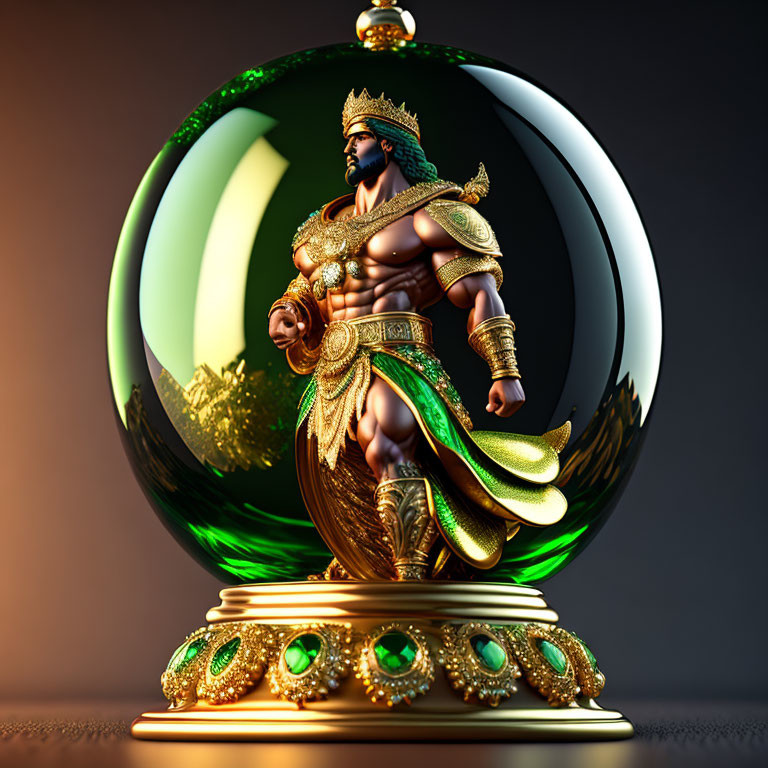 Muscular bearded warrior in golden armor inside green orb on ornate stand