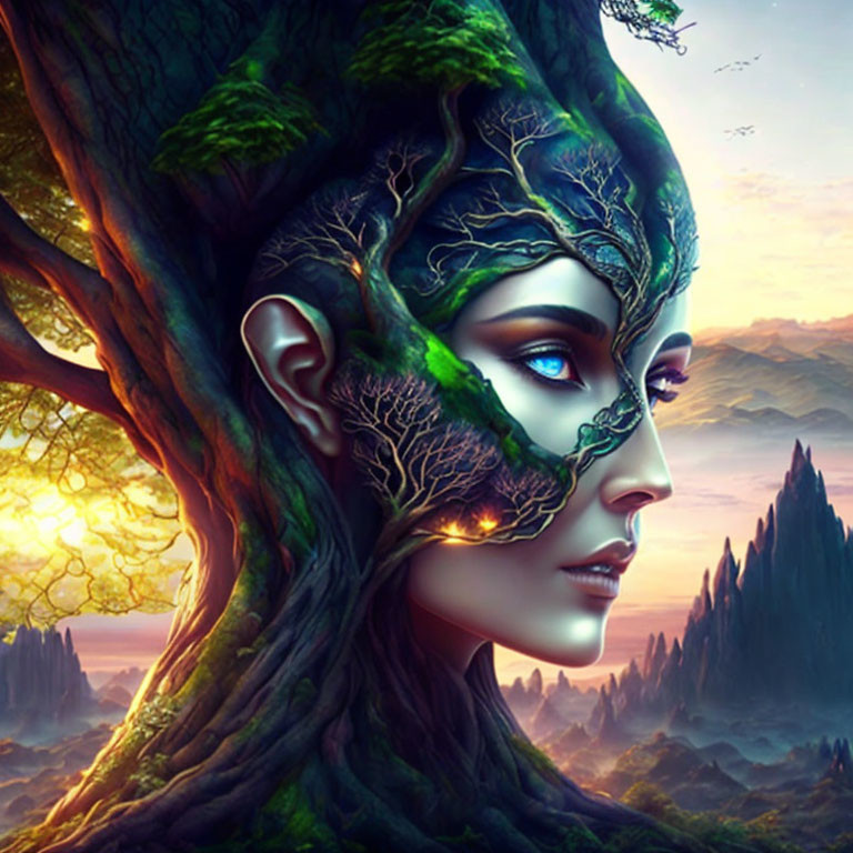 Surreal portrait of woman with tree-like features and blue eyes