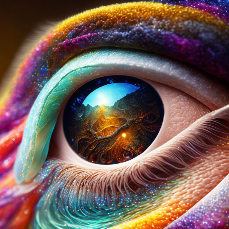 Colorful digital artwork: Human eye with nebula-like eyelid and fantasy landscape reflection